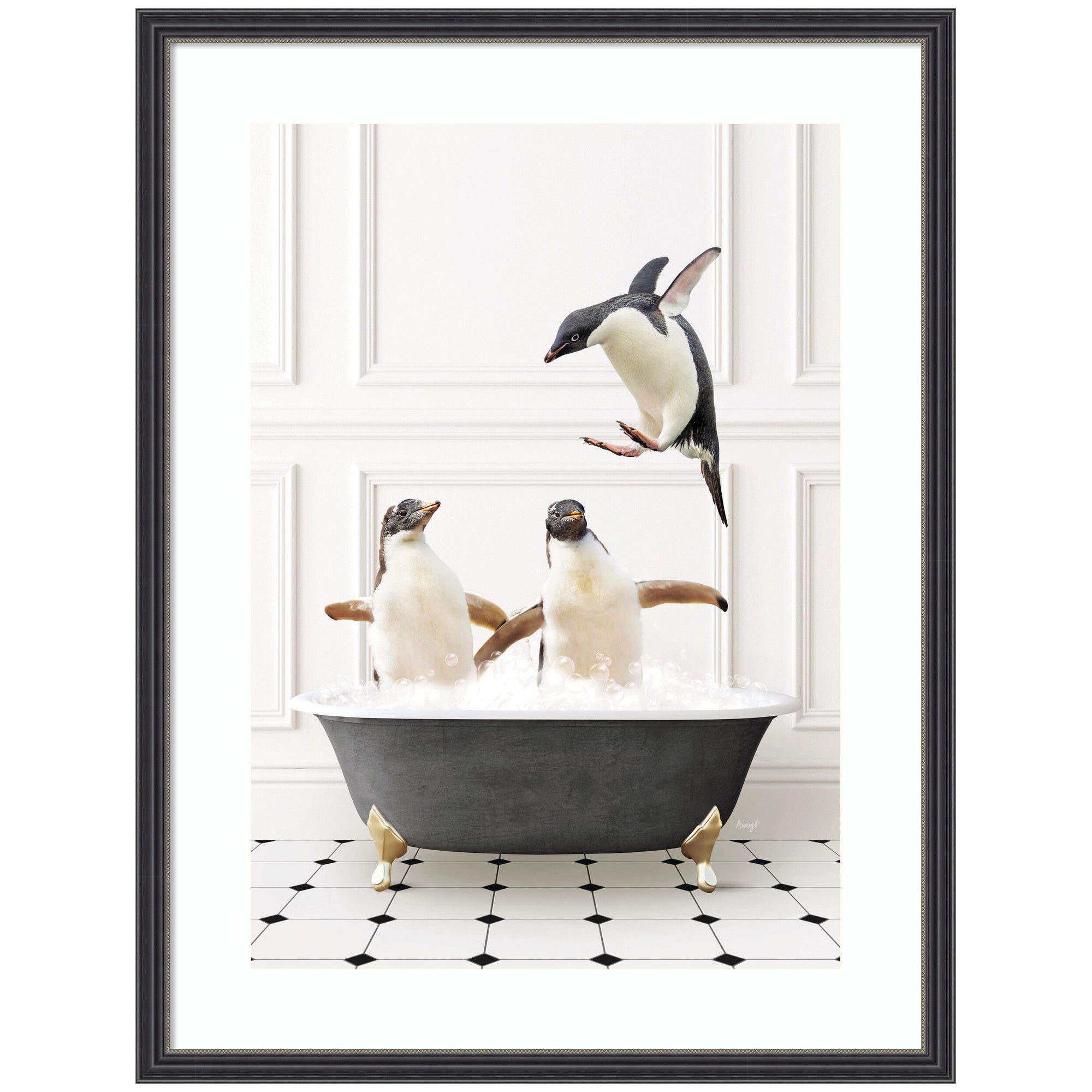 Framed wall art print titled 'Penguins in Classic Black and White Bath' by Amy Peterson showing penguins in a monochrome bath scene