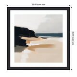 Abstract coastal landscape painting with black cliff, sandy beige beach, and deep blue sea under a soft gray sky, framed in black with white matting.