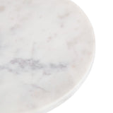 Close-up of a round white marble surface with subtle gray veining and a smooth polished finish, showing part of its beveled edge.
