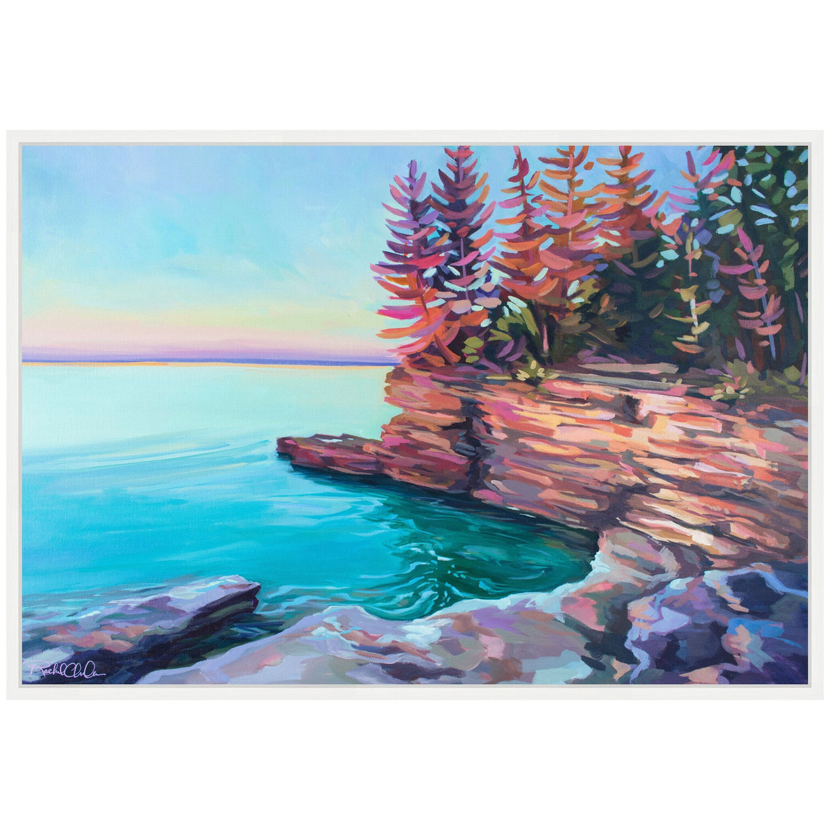 Colorful painting of rocky cliffs with reddish trees by a turquoise sea under a soft pastel sunrise sky, framed in white wood.