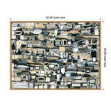 Abstract painting with layered rectangles, squares, and lines in black, white, gray, and beige tones, framed horizontally measuring 42 by 32 inches.