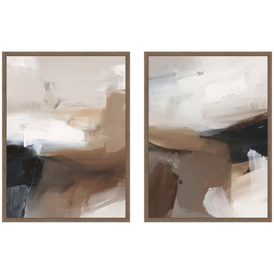 Two-piece framed canvas wall art set titled Layered Ground No.
1 and No.
2 by Amy Lighthall, framed in Sylvie moulding.