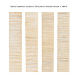 Four vertical panels of natural rattan showing variations in texture and color, each with horizontal ridges and light beige tones, highlighting unique natural patterns.