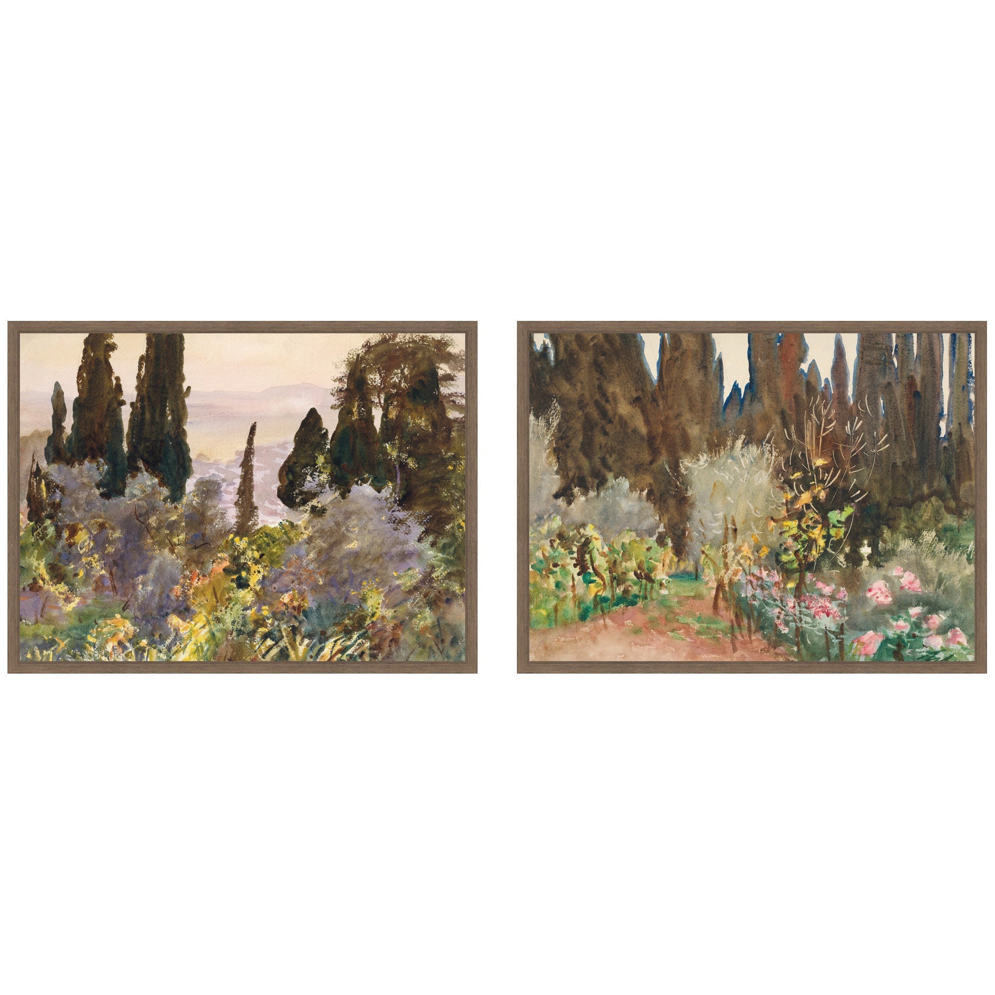 Granada 1912 & Gardens at Florence John Singer Sargent 2 Piece Framed Canvas Wall Art Set displayed on a wall