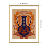 Artwork of a deep blue vessel with green diamond patterns, flanked by orange and pink floral shapes, held by two brown hands on a beige background.