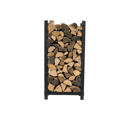 Woodhaven 4 ft tall by 2 ft wide black steel firewood rack with optional cover