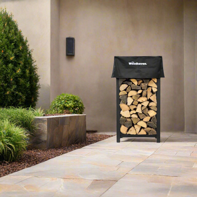 Woodhaven 4 ft tall by 2 ft wide black steel firewood rack with optional cover