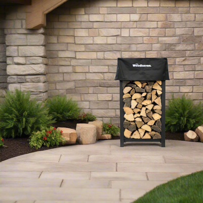 Woodhaven 4 ft tall by 2 ft wide black steel firewood rack with optional cover