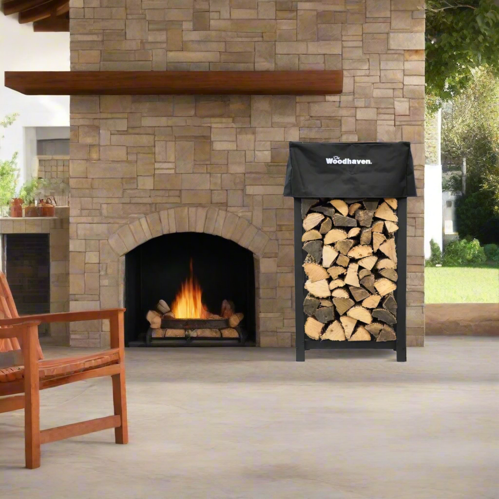 Woodhaven 4 ft tall by 2 ft wide black steel firewood rack with optional cover