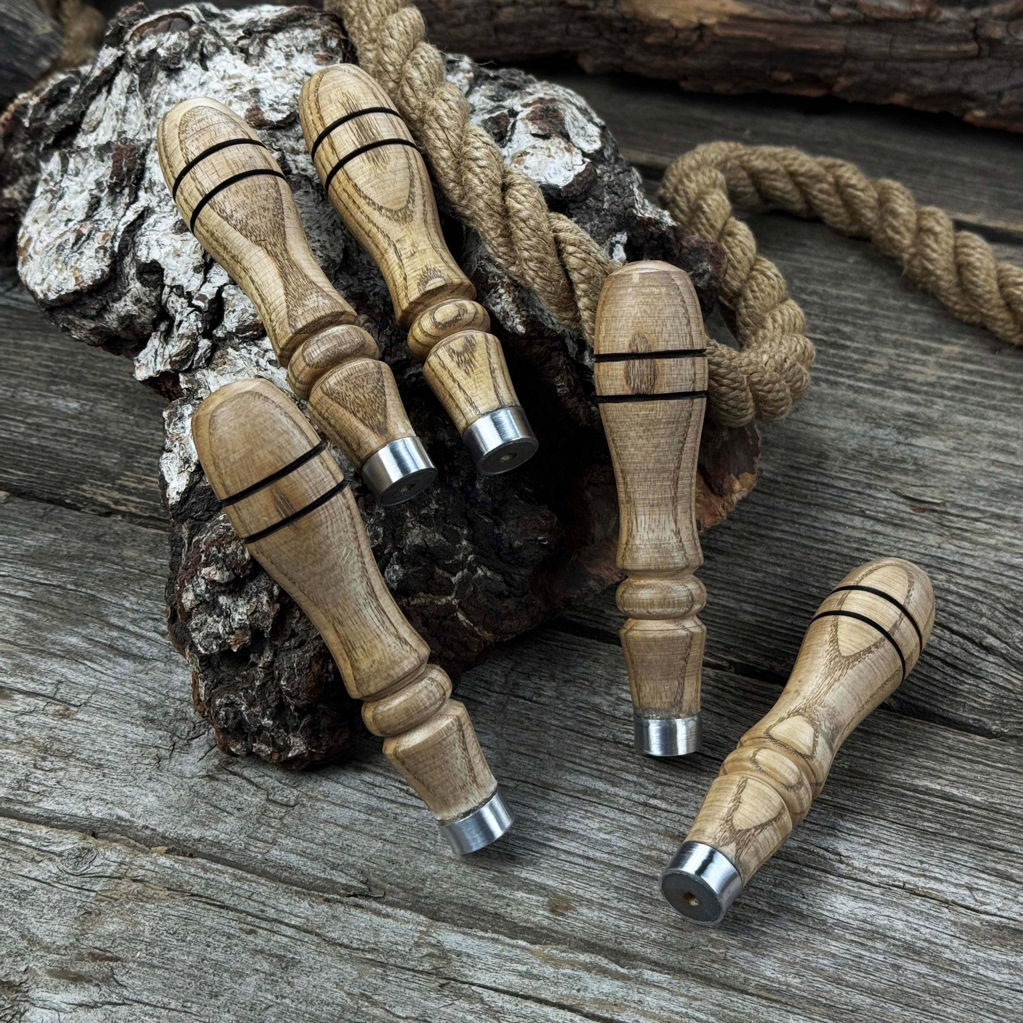 5-piece set of ash wood replacement handles with aluminum rings for carving tools