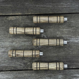 Set of five handcrafted ash wood handles with aluminum rings for woodworking tools