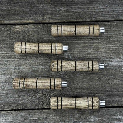 Set of five handcrafted ash wood handles with aluminum rings for woodworking tools
