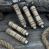 Set of five handcrafted ash wood handles with aluminum rings for woodworking tools