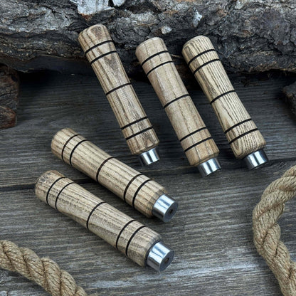 Set of five handcrafted ash wood handles with aluminum rings for woodworking tools