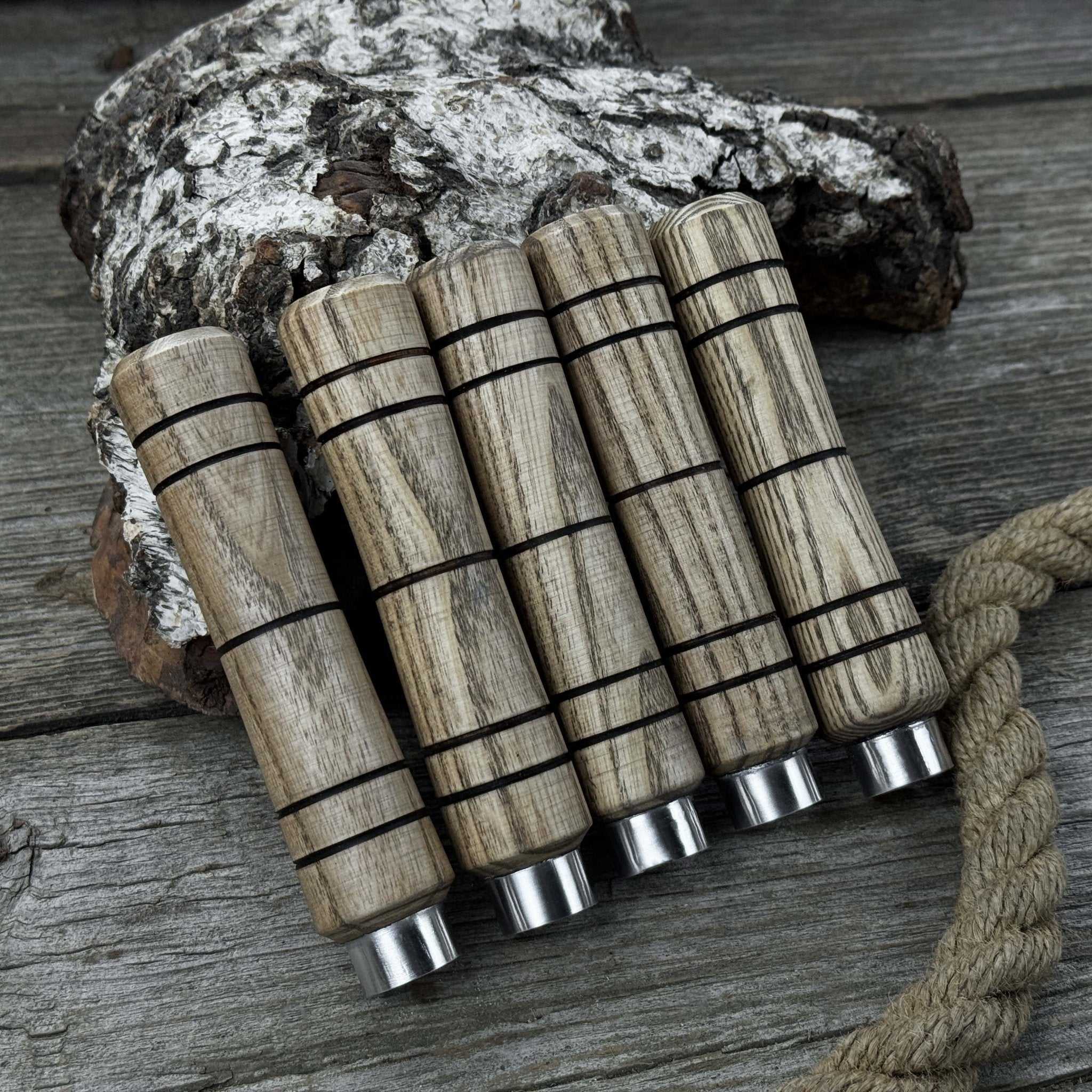 Set of five handcrafted ash wood handles with aluminum rings for woodworking tools