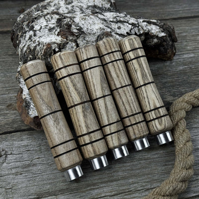 Set of five handcrafted ash wood handles with aluminum rings for woodworking tools