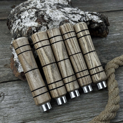 Set of five handcrafted ash wood handles with aluminum rings for woodworking tools