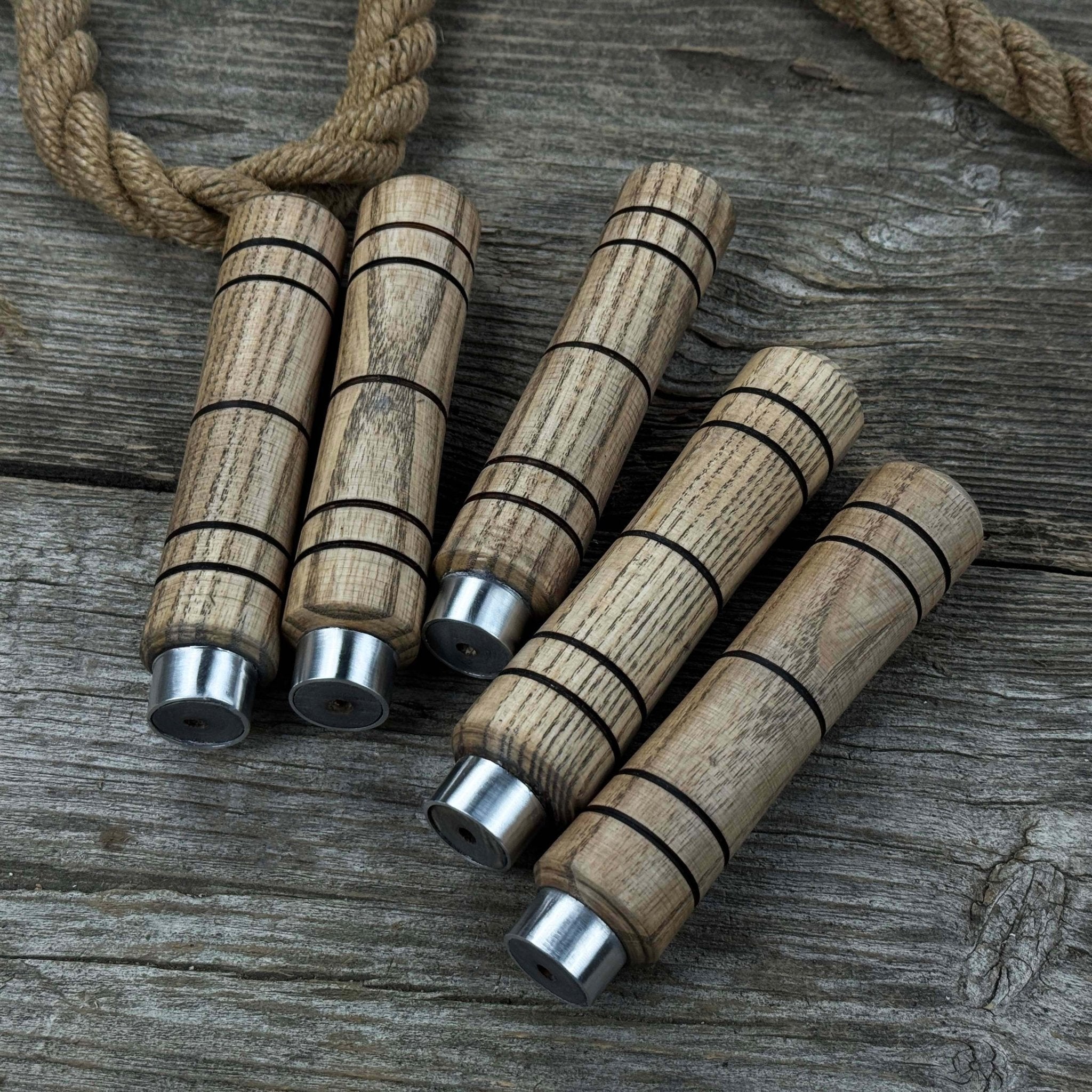 Set of five handcrafted ash wood handles with aluminum rings for woodworking tools
