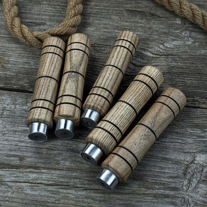 Set of five handcrafted ash wood handles with aluminum rings for woodworking tools