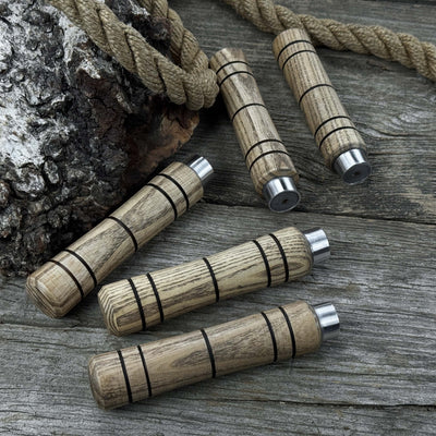Set of five handcrafted ash wood handles with aluminum rings for woodworking tools