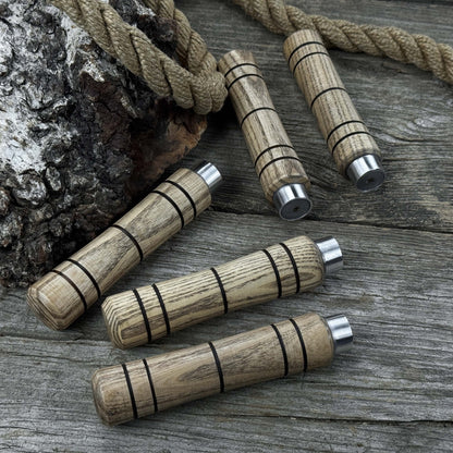 Set of five handcrafted ash wood handles with aluminum rings for woodworking tools