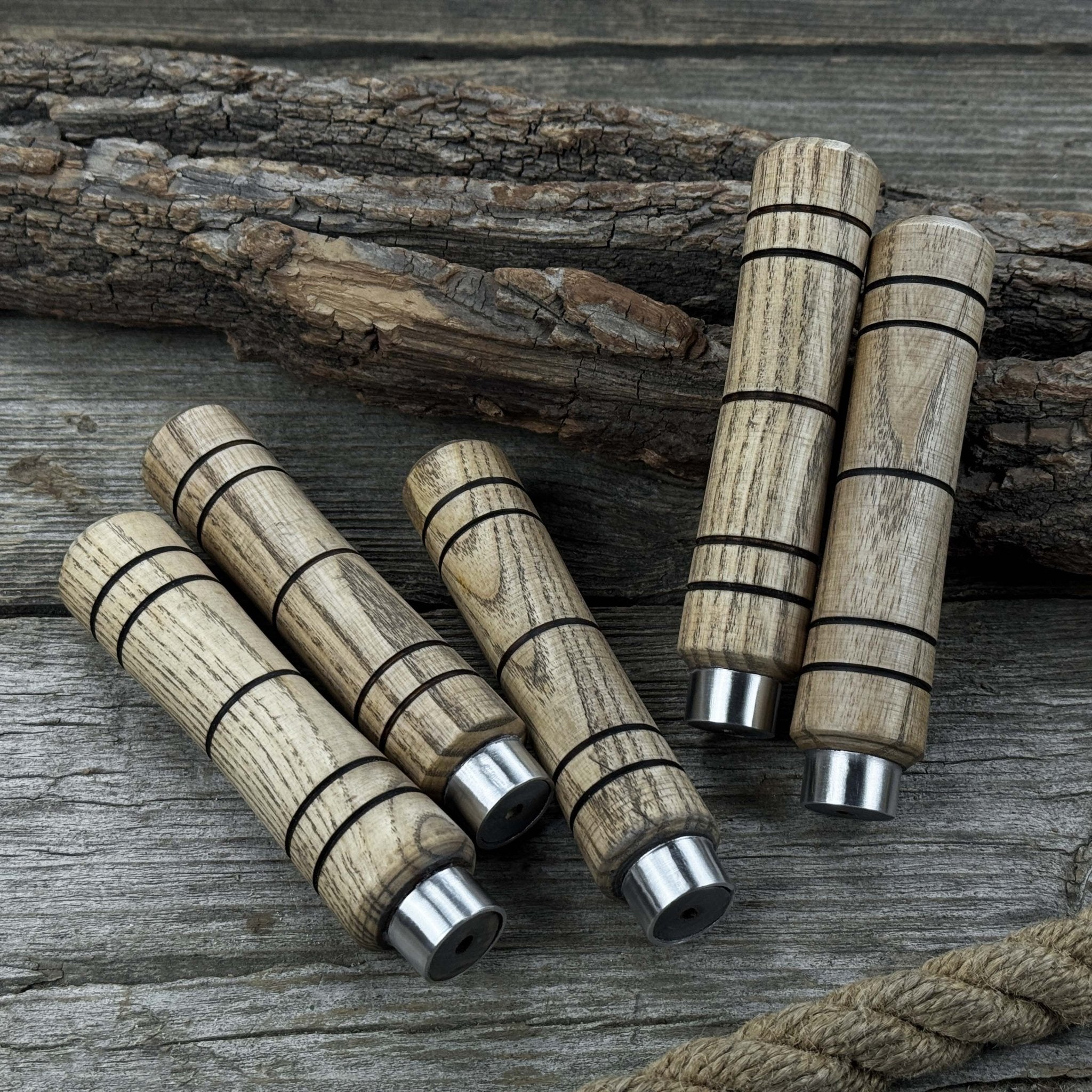 Set of five handcrafted ash wood handles with aluminum rings for woodworking tools