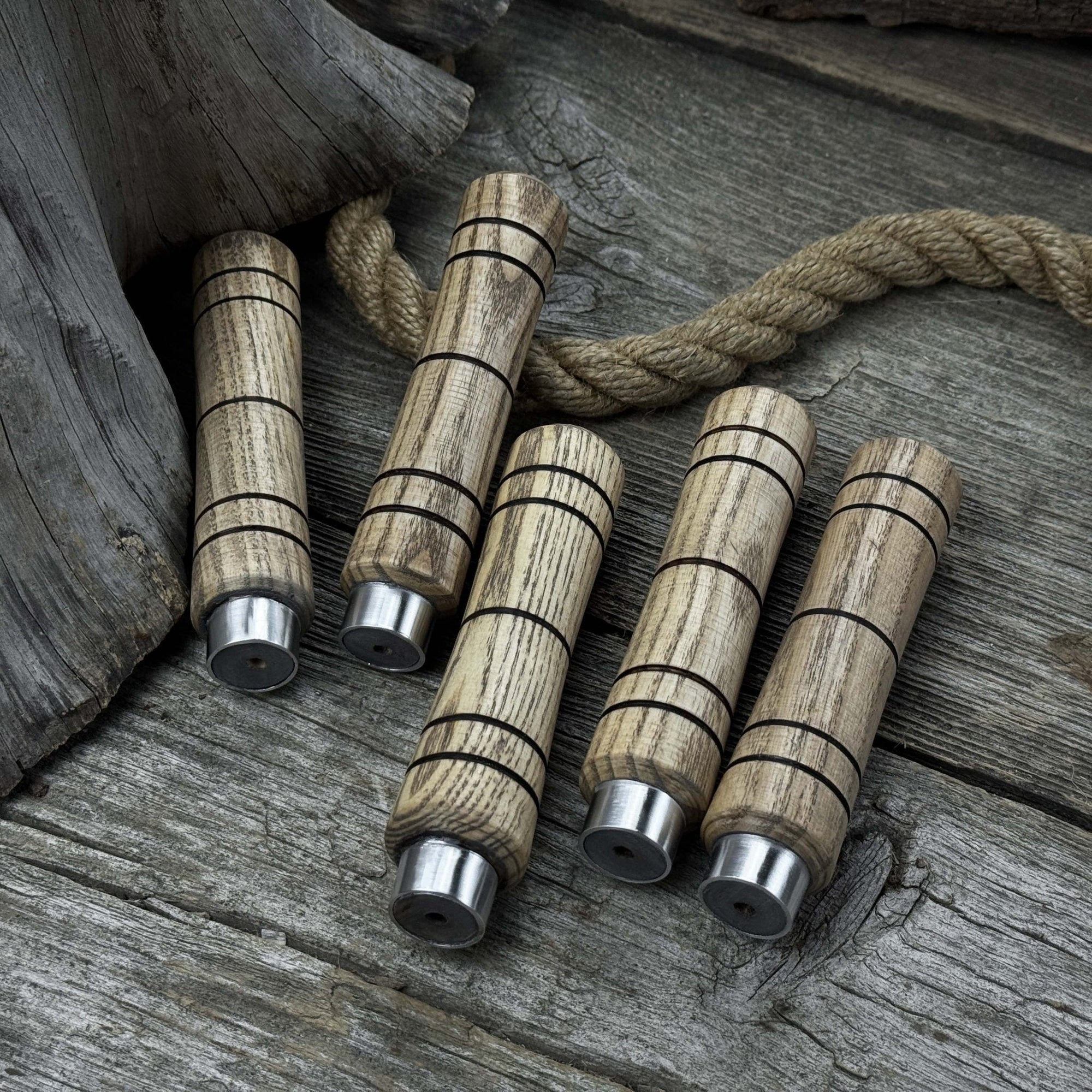 Set of five handcrafted ash wood handles with aluminum rings for woodworking tools