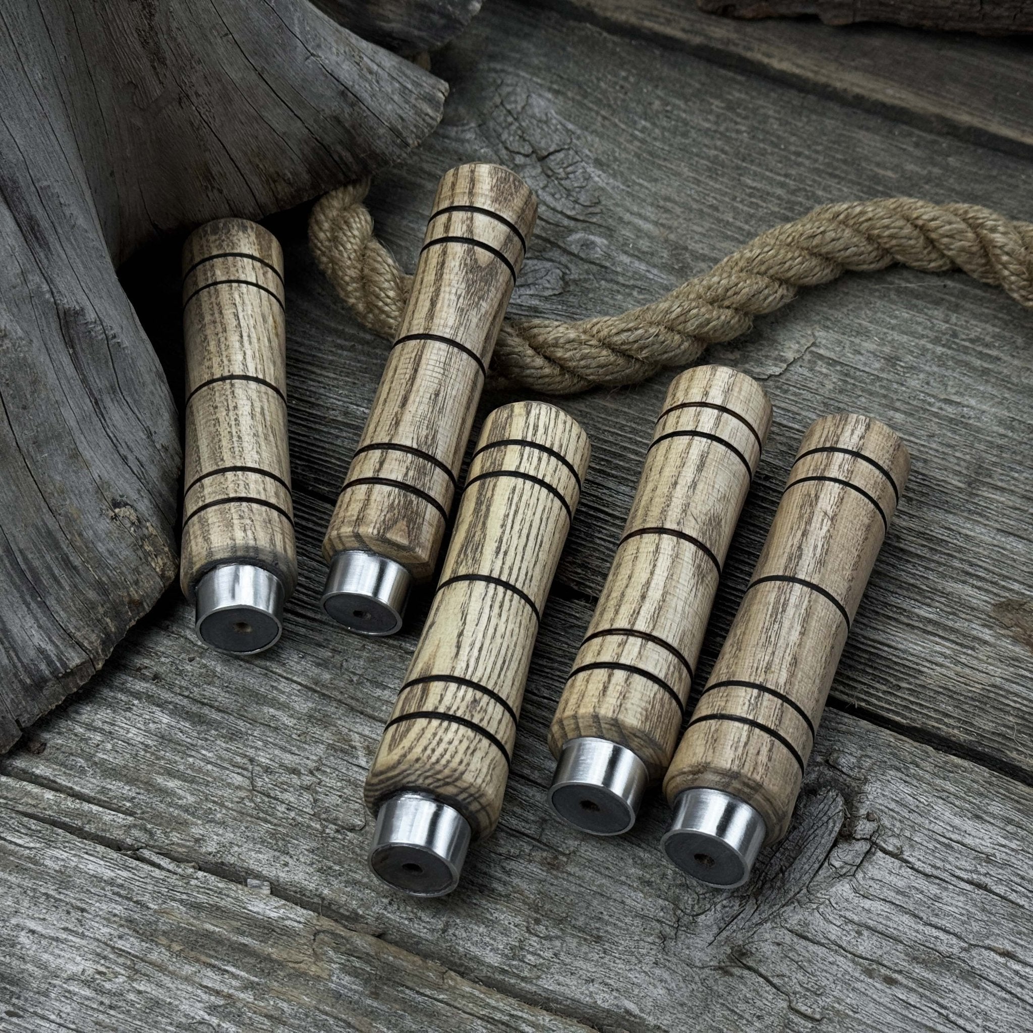 Set of five handcrafted ash wood handles with aluminum rings for woodworking tools