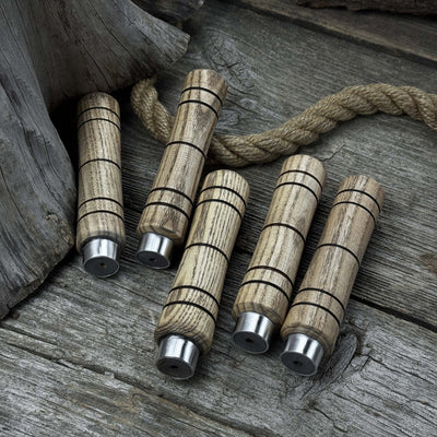 Set of five handcrafted ash wood handles with aluminum rings for woodworking tools