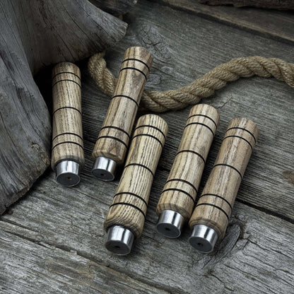 Set of five handcrafted ash wood handles with aluminum rings for woodworking tools