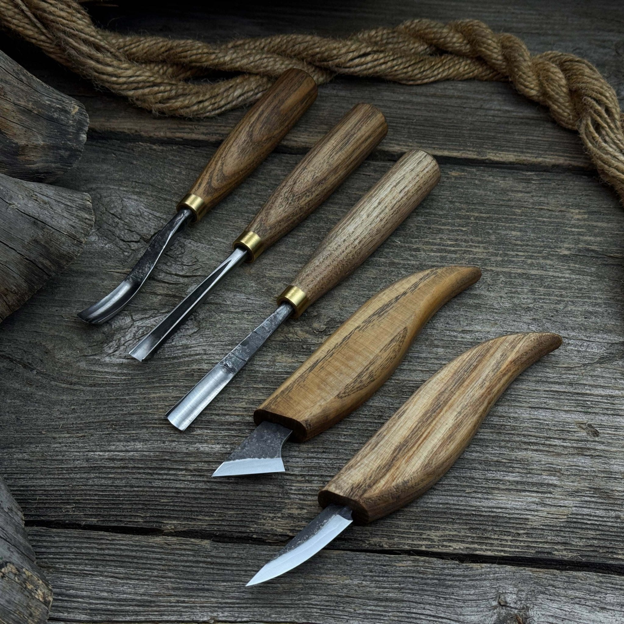 5-Piece Detail Wood Carving Set with ash wood handles and high-carbon steel blades