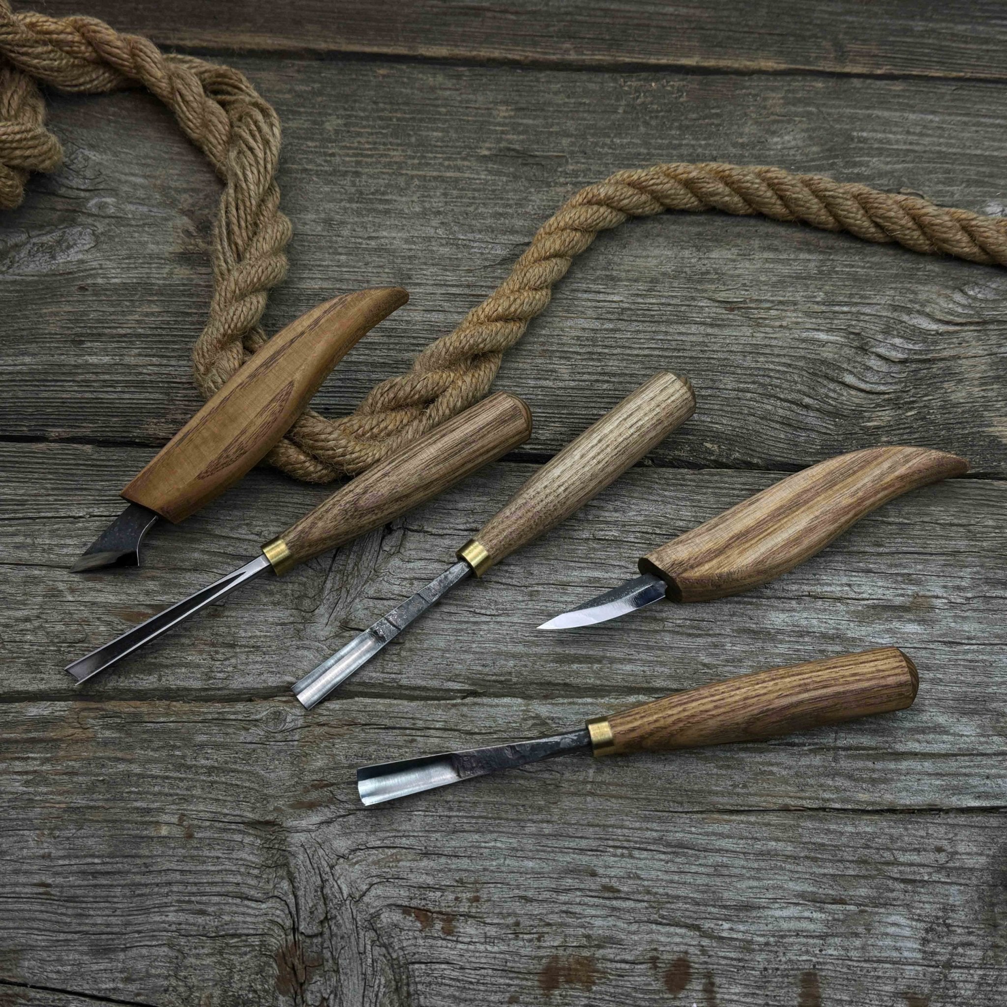 5-Piece Detail Wood Carving Set with ash wood handles and high-carbon steel blades