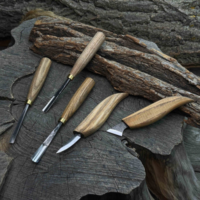 5-Piece Detail Wood Carving Set with ash wood handles and high-carbon steel blades