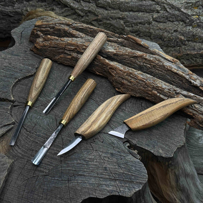 5-Piece Detail Wood Carving Set with ash wood handles and high-carbon steel blades