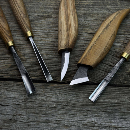 5-Piece Detail Wood Carving Set with ash wood handles and high-carbon steel blades