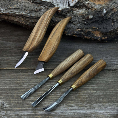 5-Piece Detail Wood Carving Set with ash wood handles and high-carbon steel blades