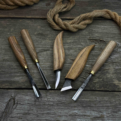 5-Piece Detail Wood Carving Set with ash wood handles and high-carbon steel blades