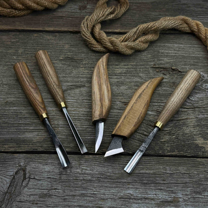 5-Piece Detail Wood Carving Set with ash wood handles and high-carbon steel blades