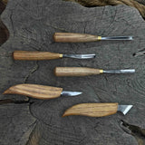 5-Piece Detail Wood Carving Set with ash wood handles and high-carbon steel blades