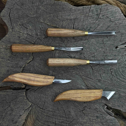 5-Piece Detail Wood Carving Set with ash wood handles and high-carbon steel blades