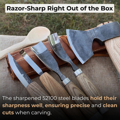 5-piece hand-forged carving tool set with leather tool roll by Sharky Forged Steel Tools