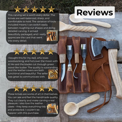 5-piece hand-forged carving tool set with leather tool roll by Sharky Forged Steel Tools