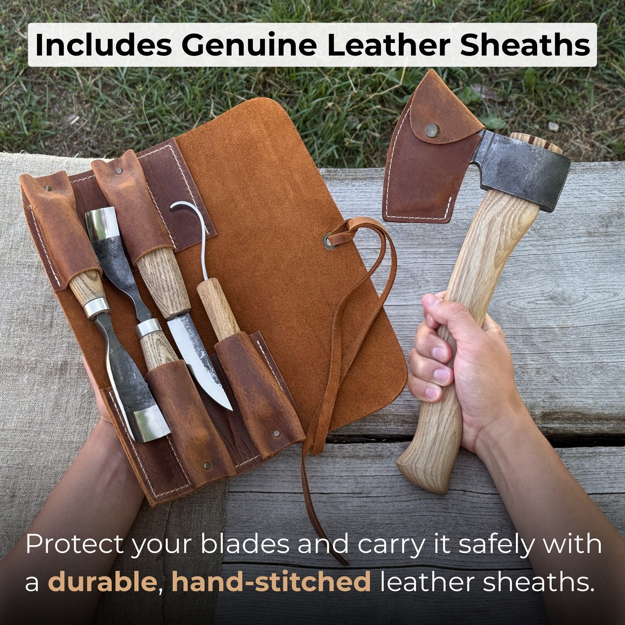 5-piece hand-forged carving tool set with leather tool roll by Sharky Forged Steel Tools