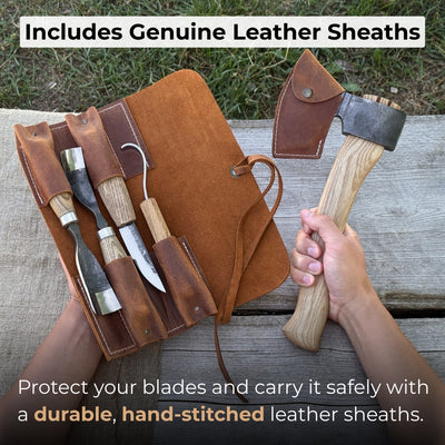 5-piece hand-forged carving tool set with leather tool roll by Sharky Forged Steel Tools