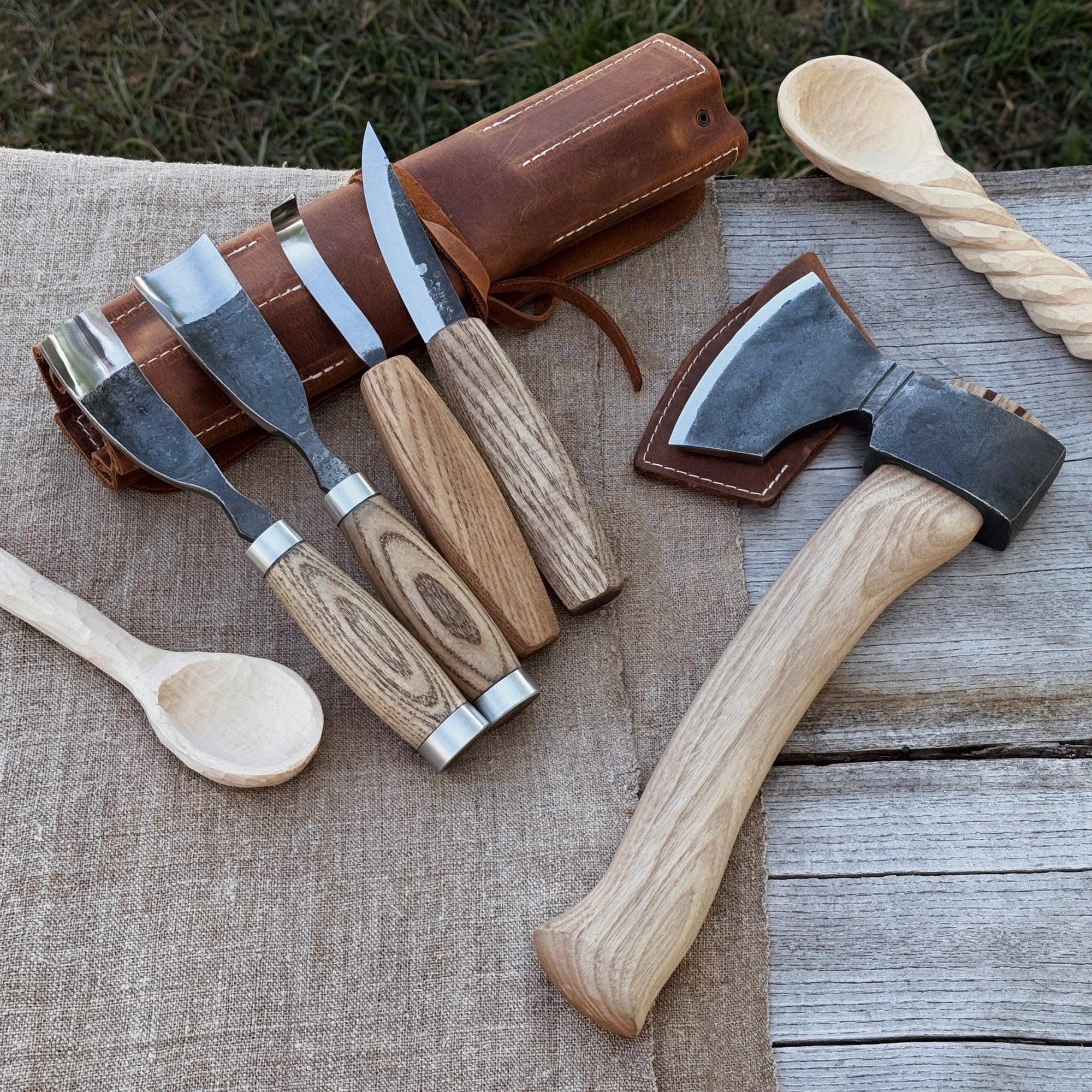 5-piece hand-forged carving tool set with leather tool roll by Sharky Forged Steel Tools