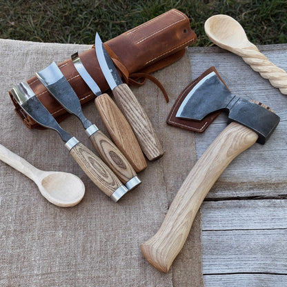 5-piece hand-forged carving tool set with leather tool roll by Sharky Forged Steel Tools