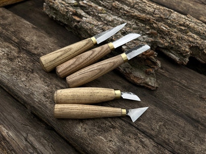 5-piece hand-forged wood carving knife set with ash handles by Sharky Forged Steel Tools