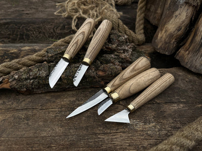 5-piece hand-forged wood carving knife set with ash handles by Sharky Forged Steel Tools