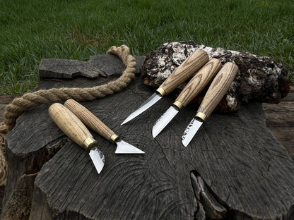 5-piece hand-forged wood carving knife set with ash handles by Sharky Forged Steel Tools