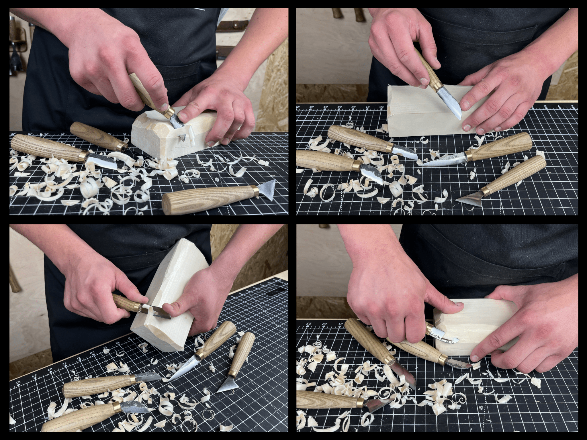 5-piece hand-forged wood carving knife set with ash handles by Sharky Forged Steel Tools